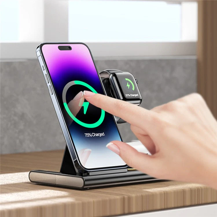 JJT-A80 3-in-1 Desktop Foldable Wireless Charger Phone Watch Earphone Charging Stand with Night Light - Black - Image 6