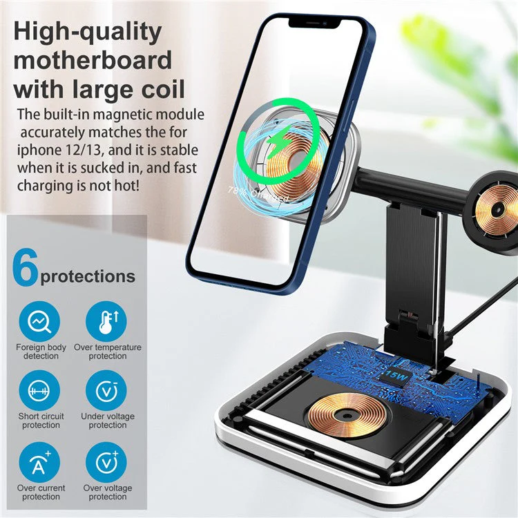 JLM-J5 Multifunctional Adjustable Wireless Charger Desktop Phone Earphone Watch Charger Night Light - White - Image 4