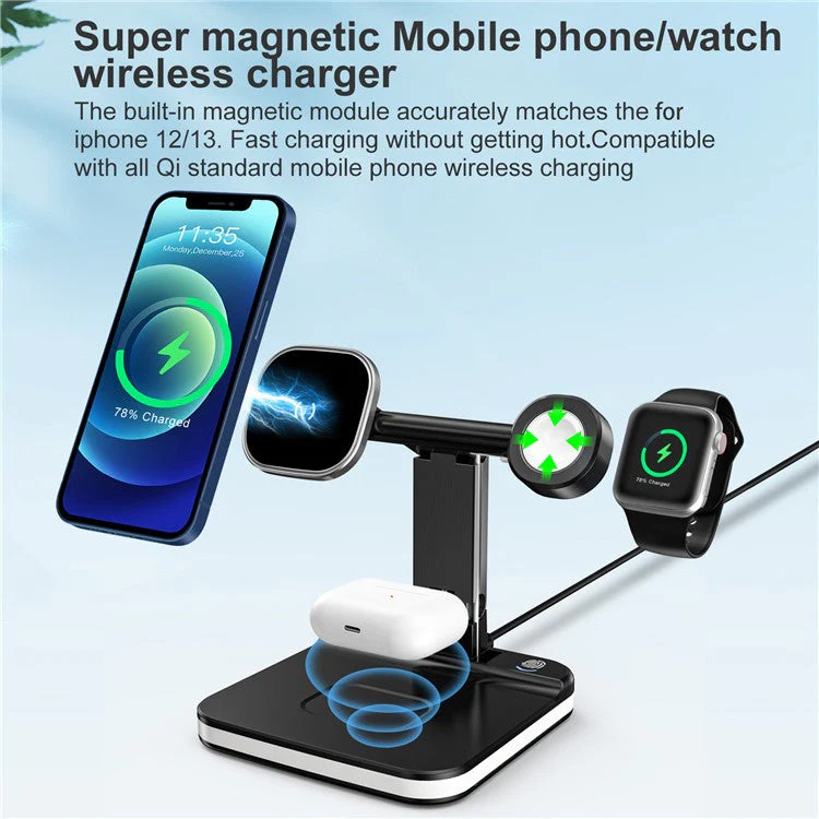 JLM-J5 Multifunctional Adjustable Wireless Charger Desktop Phone Earphone Watch Charger Night Light - White - Image 5