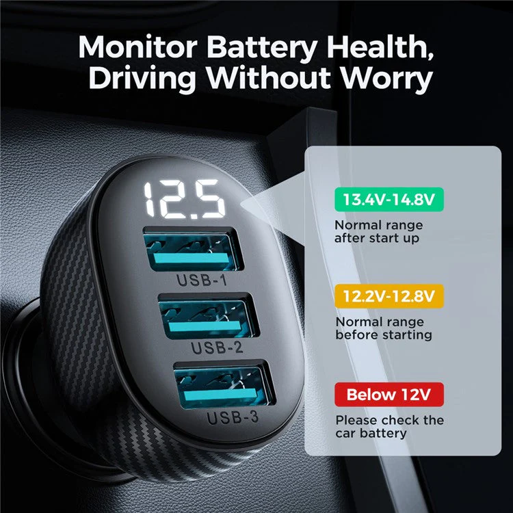 JOYROOM CCD03 3.4A 3 USB Ports Phone Fast Charging Adapter PC+ABS Voltage Digital Display Car Charger - Image 4