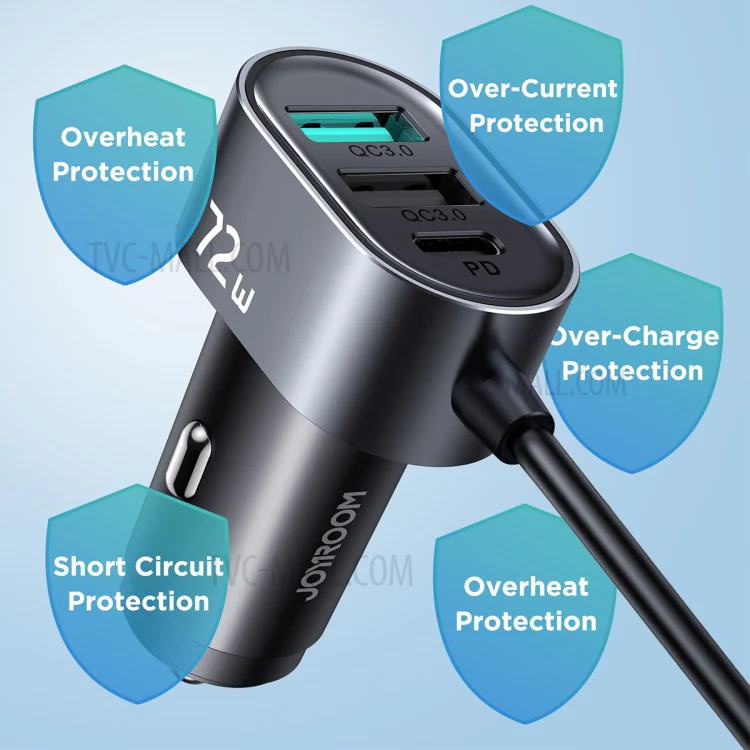 JOYROOM JR-CL05 72W 5 Ports (2PD + 3QC3.0) Car Fast Charger with Extension Cord USB Adapter - Image 4