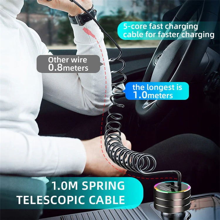 K13 USB Car Charger QC3.0 Fast Charging Adapter with Type-C Spring Cable for 12-24V Vehicles - Image 4