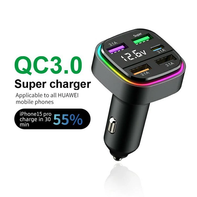 K34 5 Port USB Car Charger(4 USB+Type C) Cigarette Lighter Adapter with LED Display - Black - Image 2