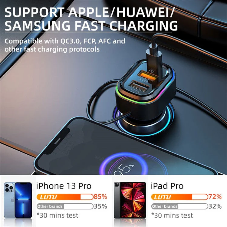 K5 2 USB + 1 Type-C PD Phone Fast Charging Adapter Car Charger with 3-in-1 Charging Cable - Image 3