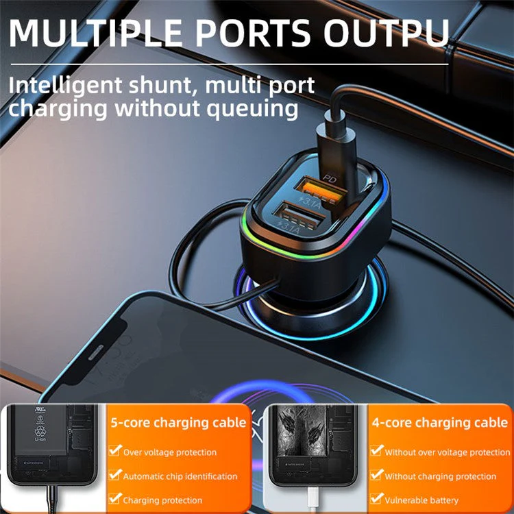 K5 2 USB + 1 Type-C PD Phone Fast Charging Adapter Car Charger with 3-in-1 Charging Cable - Image 4