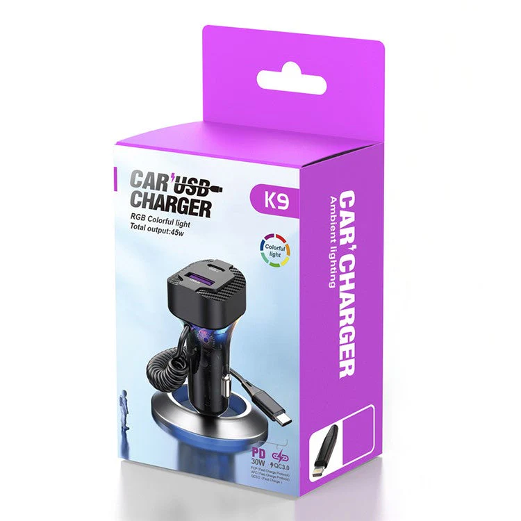 K9 QC3.0 USB+Type-C Phone Fast Charging Adapter Car Charger with PD 30W Type-C Cable - Image 8