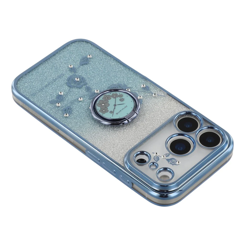 KADEM For iPhone 17 Pro Max Case Ring Kickstand TPU Flowers Phone Cover Gradient Glitter - Blue - Image 6