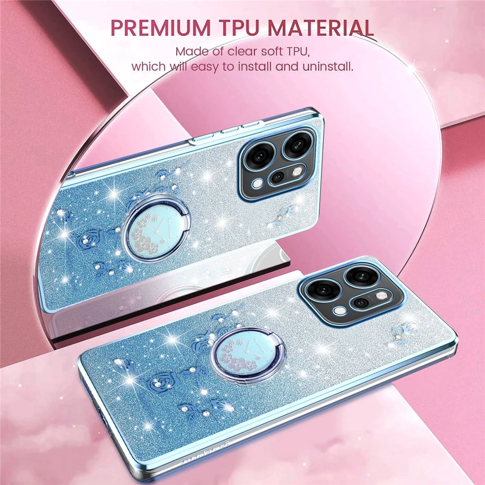 KADEM For Oppo Reno14 Pro 5G (Global) Case Ring Kickstand TPU Flowers Phone Cover Gradient Glitter - Blue - Image 7