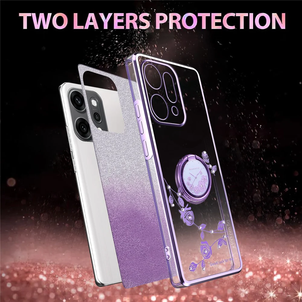 KADEM For Oppo Reno14 Pro 5G (Global) Case Ring Kickstand TPU Flowers Phone Cover Gradient Glitter - Purple - Image 3