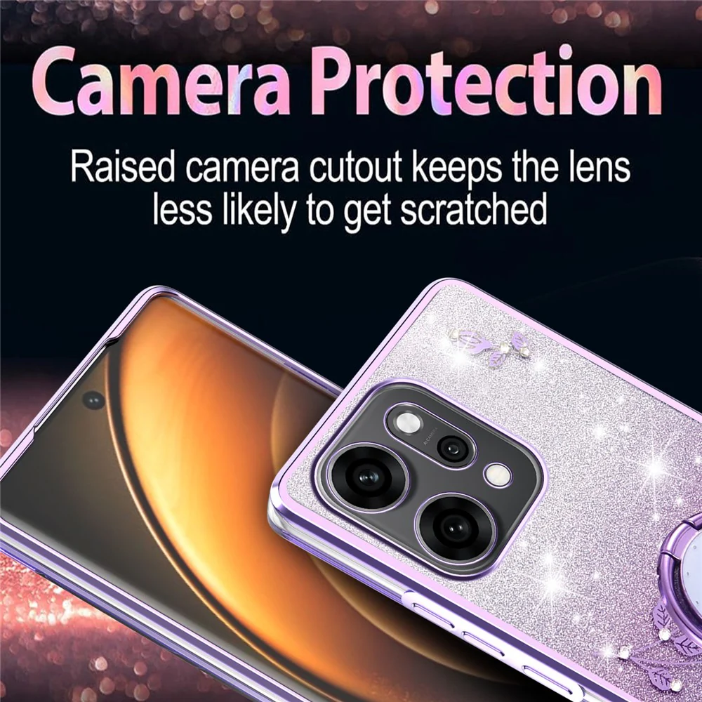 KADEM For Oppo Reno14 Pro 5G (Global) Case Ring Kickstand TPU Flowers Phone Cover Gradient Glitter - Purple - Image 5