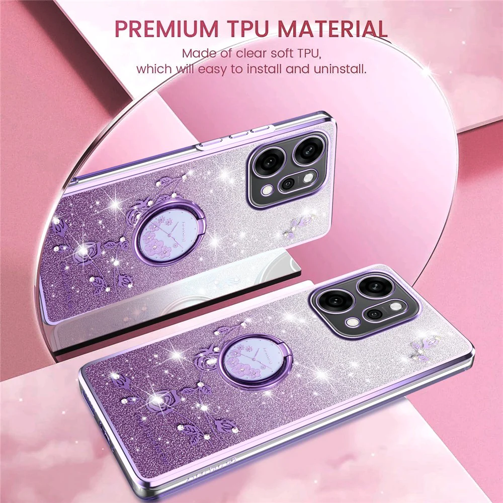 KADEM For Oppo Reno14 Pro 5G (Global) Case Ring Kickstand TPU Flowers Phone Cover Gradient Glitter - Purple - Image 7