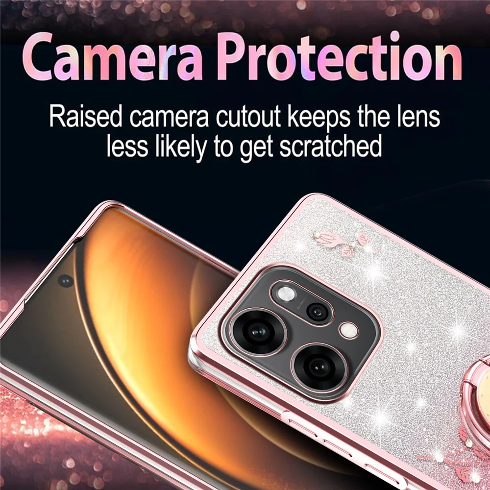 KADEM For Oppo Reno14 Pro 5G (Global) Case Ring Kickstand TPU Flowers Phone Cover Gradient Glitter - Rose Gold - Image 5