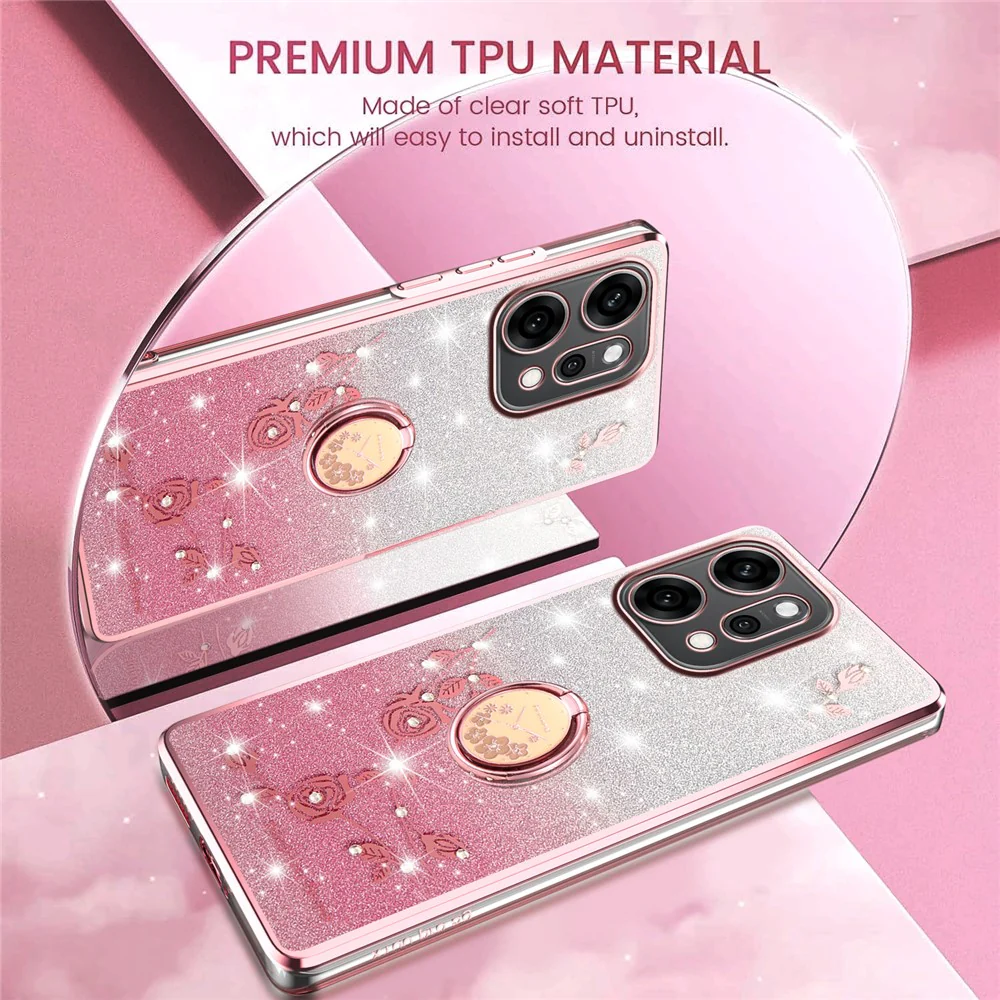 KADEM For Oppo Reno14 Pro 5G (Global) Case Ring Kickstand TPU Flowers Phone Cover Gradient Glitter - Rose Gold - Image 7