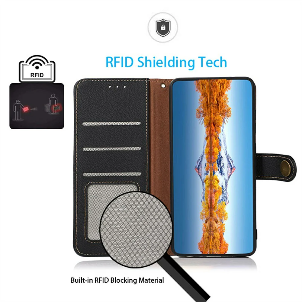 KHAZNEH for iPhone 17 Pro Max Case Genuine Cow Leather RFID Blocking Wallet Phone Cover - Black - Image 2
