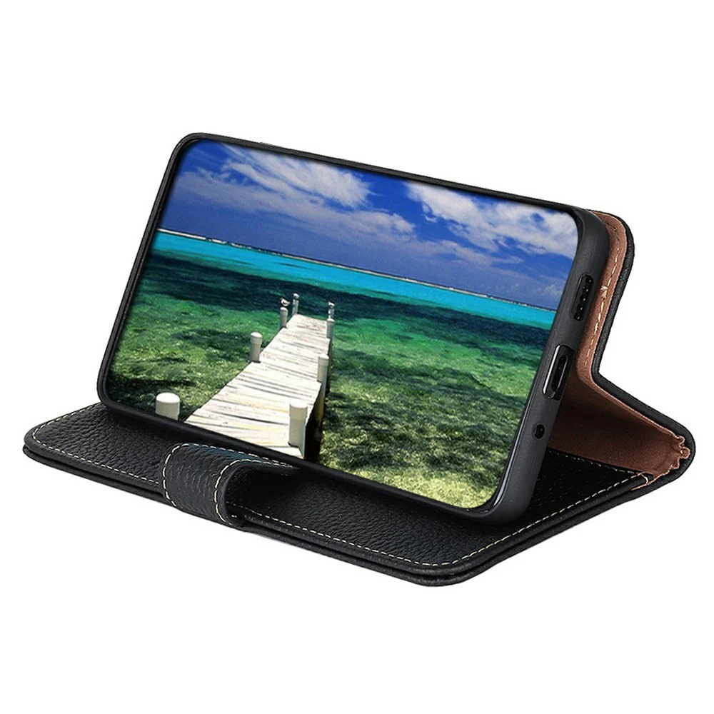 KHAZNEH For iPhone 17 Pro Max Case Litchi Texture Genuine Cow Leather Flip Phone Cover - Black - Image 3
