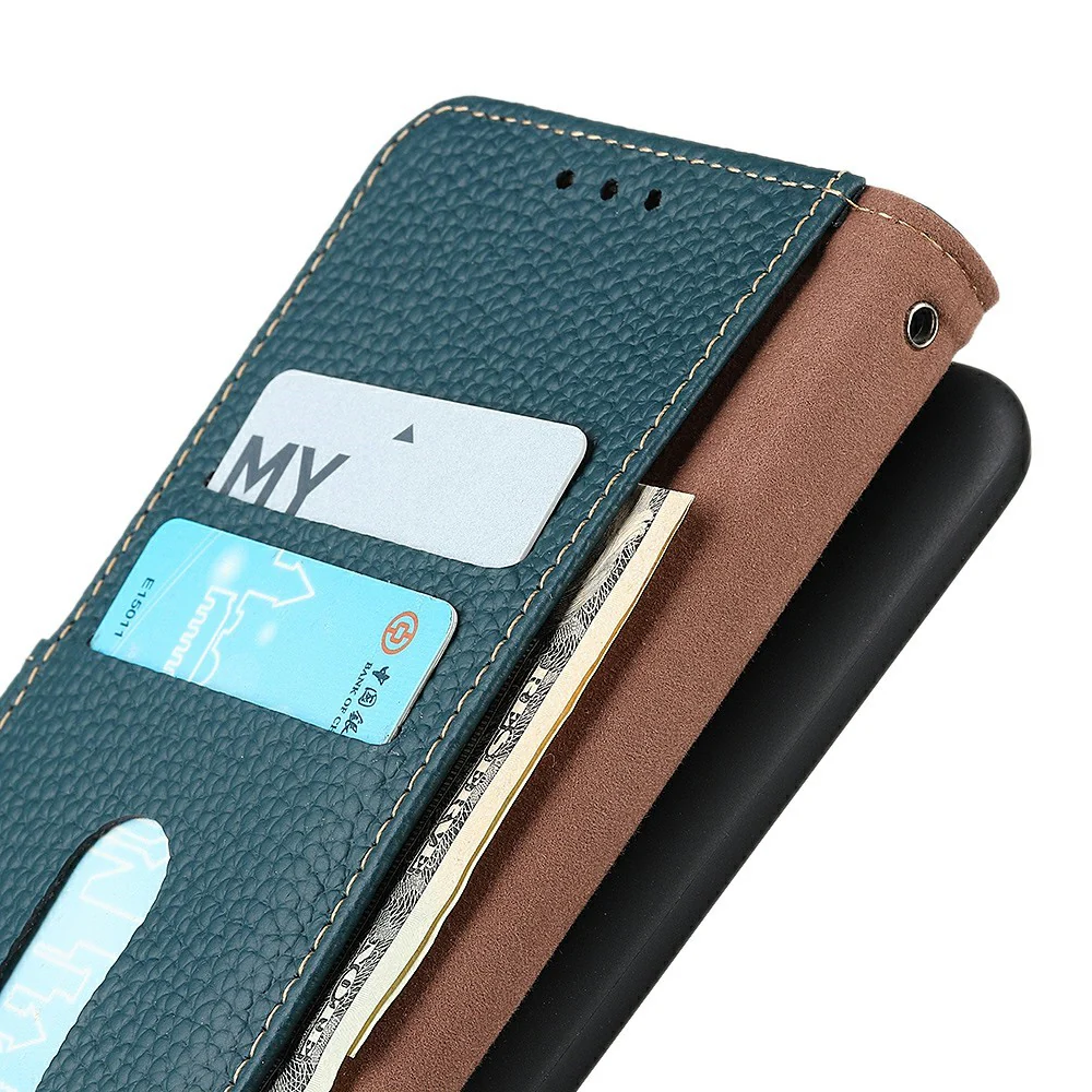 KHAZNEH For iPhone 17 Pro Max Case Litchi Texture Genuine Cow Leather Flip Phone Cover - Green - Image 5