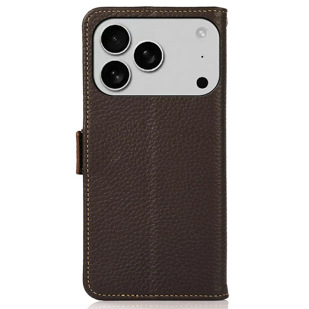 KHAZNEH for iPhone 17 Pro Max Phone Case RFID Blocking Wallet Litchi Texture Genuine Cow Leather Cover - Brown - Image 7