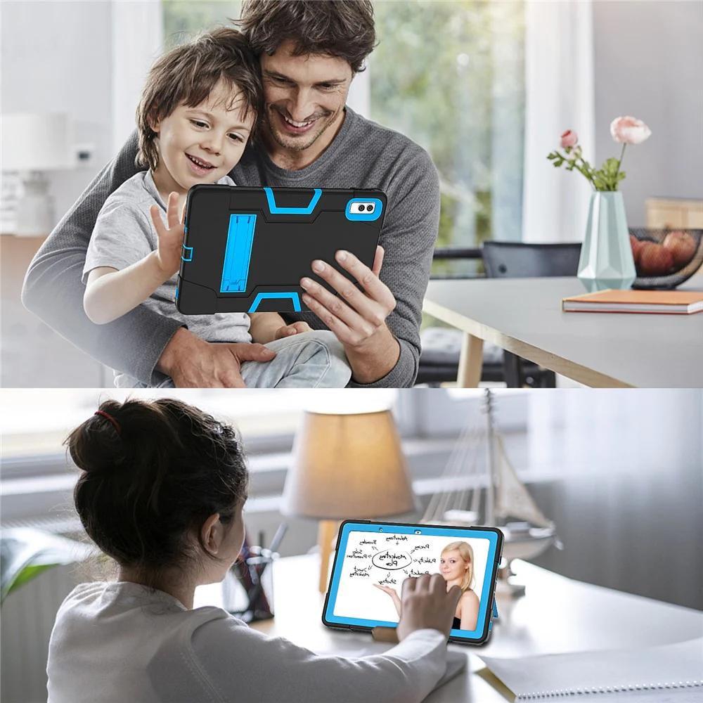 Kickstand Tablet Case for Lenovo Tab M10 5G , Robot Style Dual Color Silicone + PC Anti-drop Cover - Black / Blue - Image 3