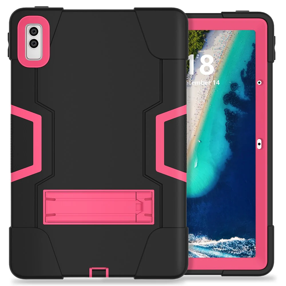 Kickstand Tablet Case for Lenovo Tab M10 5G , Robot Style Dual Color Silicone + PC Anti-drop Cover - Black / Rose Red - Image 2