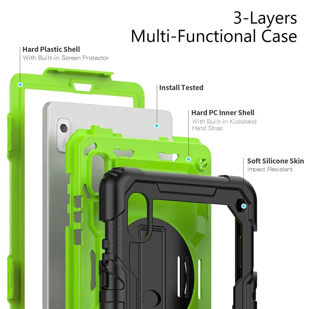 Kickstand Tablet Case for Lenovo Tab M9 / K9 9" TB310 2023 Hand Strap Silicone+PC Tablet Cover with Shoulder Strap PET Screen Film - Black+Lime PC - Image 7