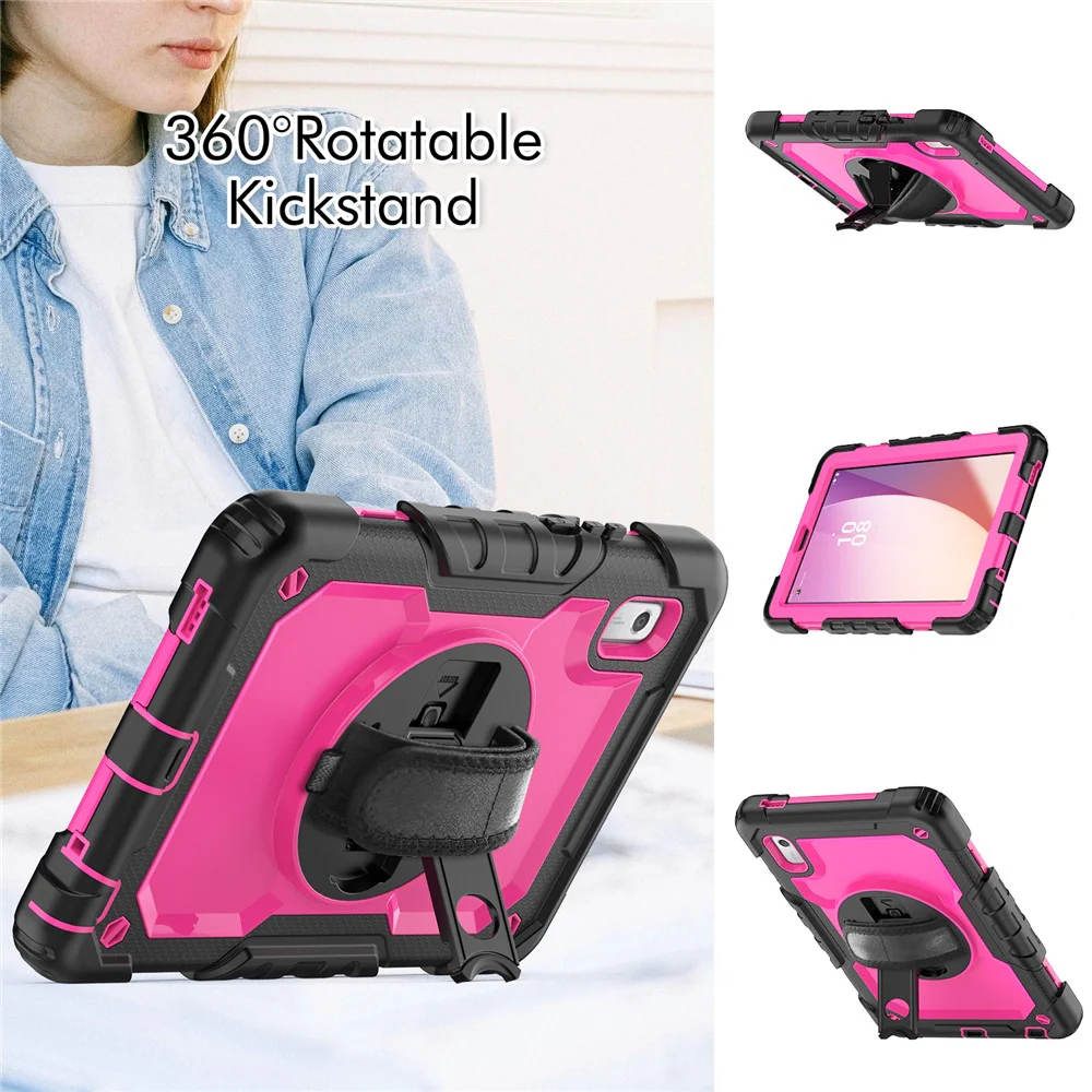 Kickstand Tablet Case for Lenovo Tab M9 / K9 9" TB310 2023 Hand Strap Silicone+PC Tablet Cover with Shoulder Strap PET Screen Film - Black+Rose PC - Image 4