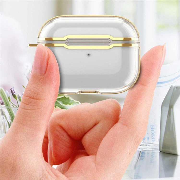 KKDJ865 For AirPods Pro 2 Transparent Earphone Case Soft TPU Hard PC Drop Proof Full Body Protective Electroplating Cover with Carabiner Hook - Transparent Black / Gold - Image 5