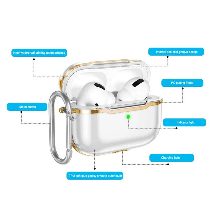 KKDJ865 For AirPods Pro 2 Transparent Earphone Case Soft TPU Hard PC Drop Proof Full Body Protective Electroplating Cover with Carabiner Hook - Transparent Gold / Black - Image 3
