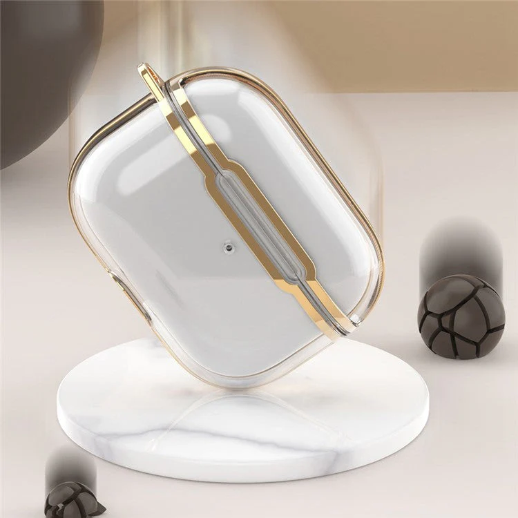 KKDJ865 For AirPods Pro 2 Transparent Earphone Case Soft TPU Hard PC Drop Proof Full Body Protective Electroplating Cover with Carabiner Hook - Transparent Gold / Gold - Image 2