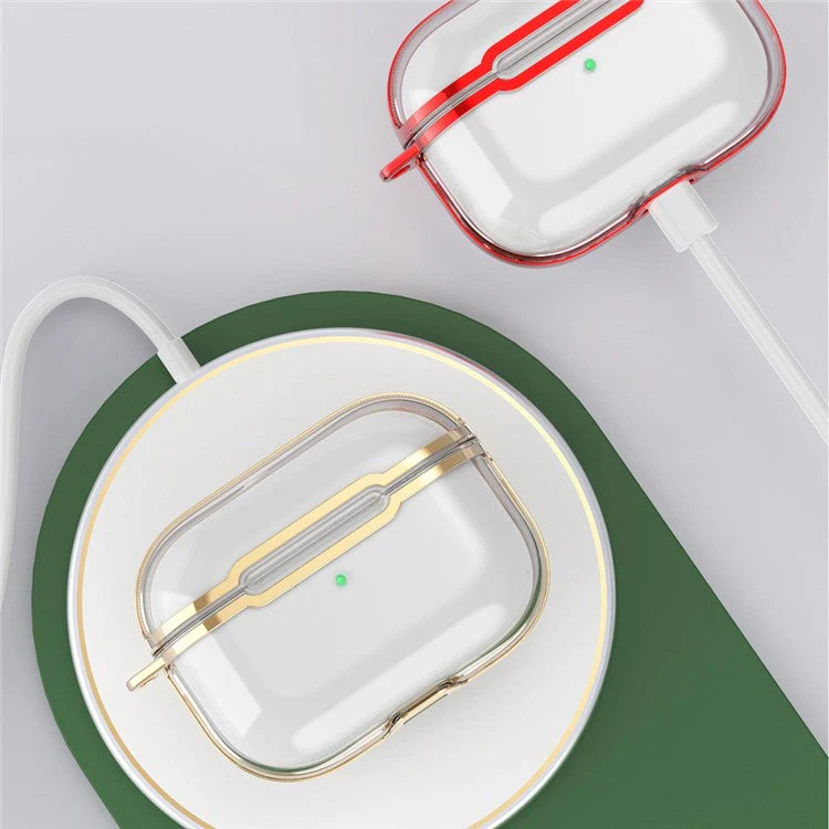 KKDJ865 For AirPods Pro 2 Transparent Earphone Case Soft TPU Hard PC Drop Proof Full Body Protective Electroplating Cover with Carabiner Hook - Transparent Gold / Gold - Image 8