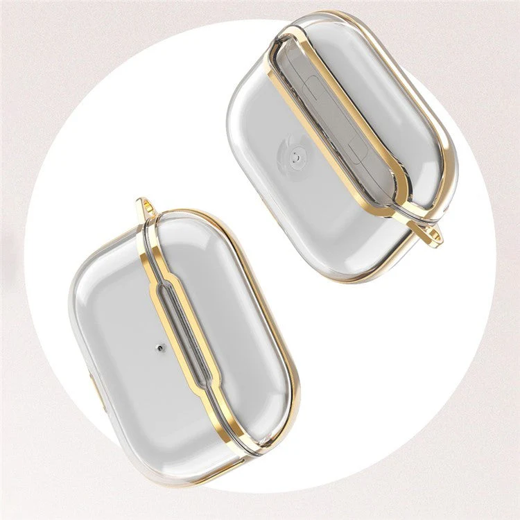 KKDJ865 For AirPods Pro 2 Transparent Earphone Case Soft TPU Hard PC Drop Proof Full Body Protective Electroplating Cover with Carabiner Hook - Transparent / Silver - Image 4