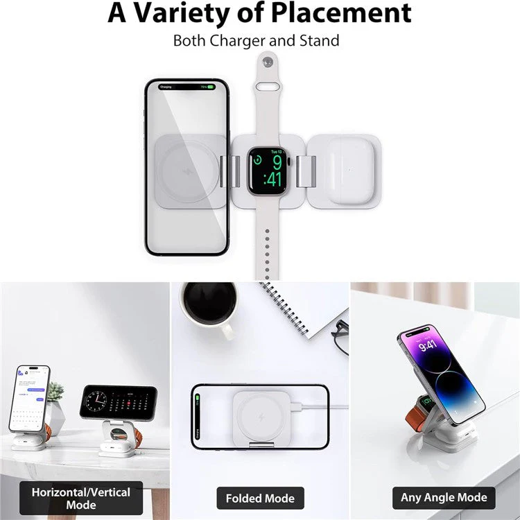 KU XIU X55 Foldable Charging Pad for iPhone Magnetic Wireless Charger for Apple Watch AirPods - White - Image 2