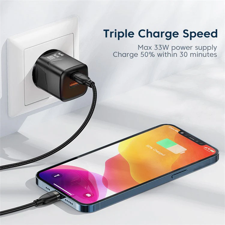 KUULAA RY-U33 Dual Port QC3.0 PD3.0 GaN Fast Charger 33W PD Type-C+USB Phone Charging Adapter - Black/UK Plug - Image 2