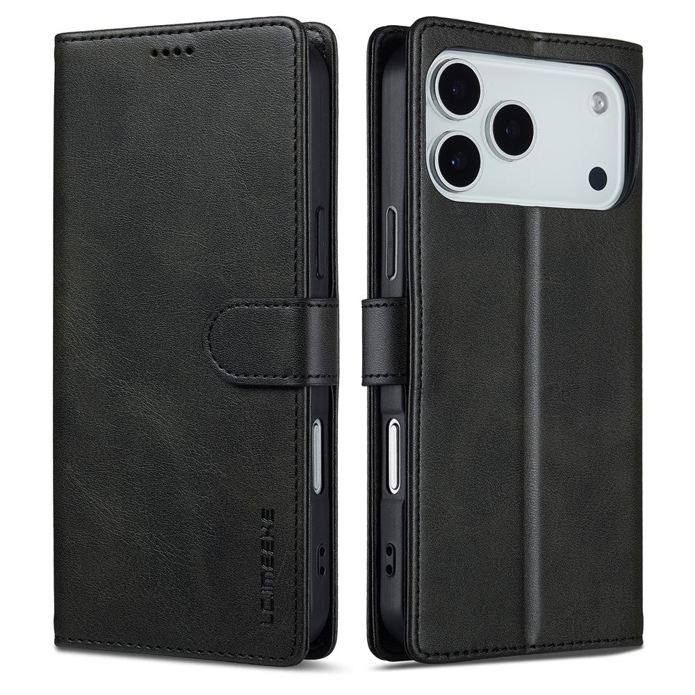 LC.IMEEKE For iPhone 17 Pro Max Case Calf Texture PU Leather Stand Wallet Phone Cover - Black