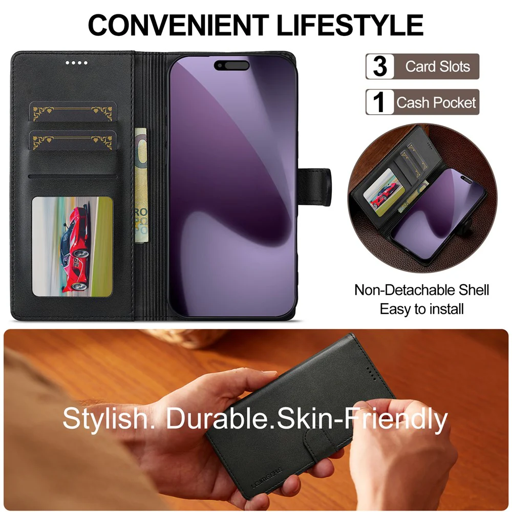 LC.IMEEKE For iPhone 17 Pro Max Case Calf Texture PU Leather Stand Wallet Phone Cover - Black - Image 7