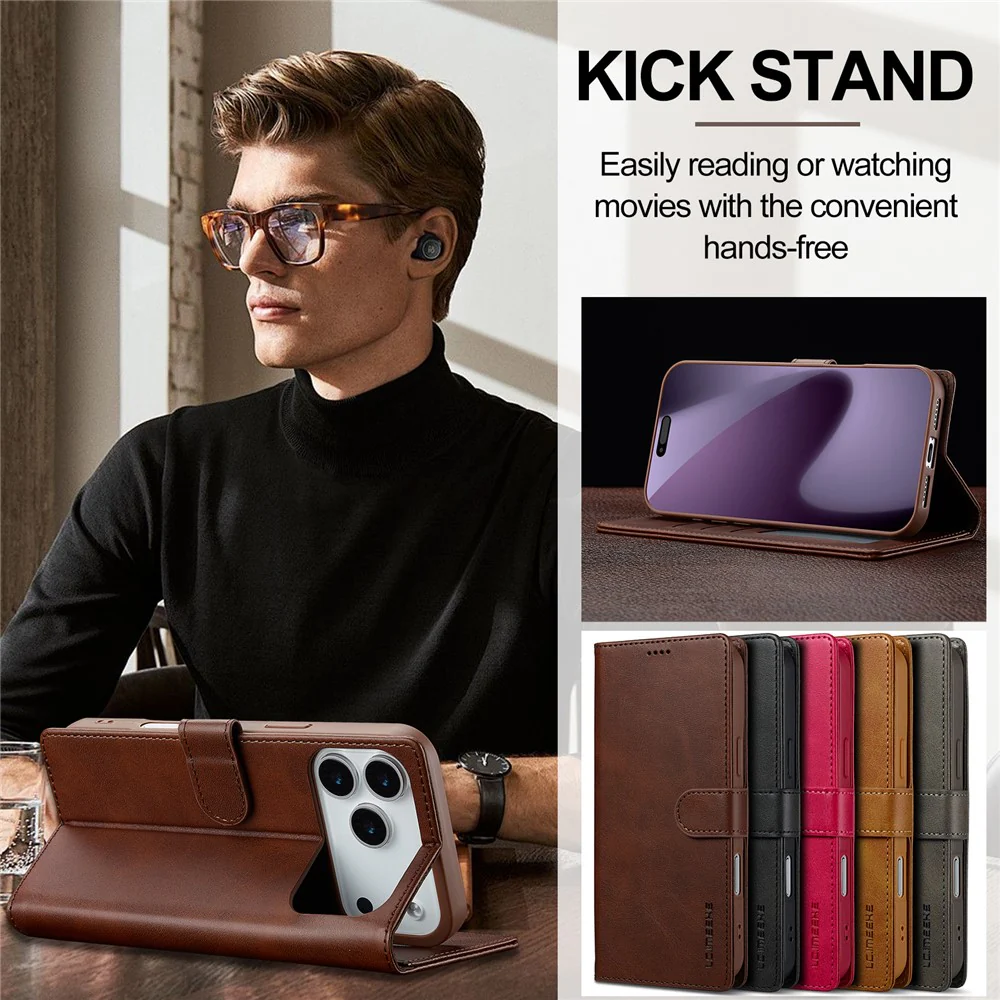 LC.IMEEKE For iPhone 17 Pro Max Case Calf Texture PU Leather Stand Wallet Phone Cover - Brown - Image 8