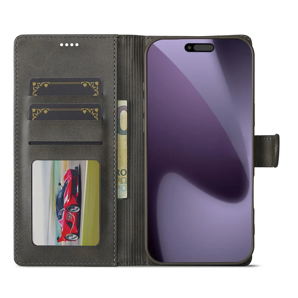 LC.IMEEKE For iPhone 17 Pro Max Case Calf Texture PU Leather Stand Wallet Phone Cover - Grey - Image 2