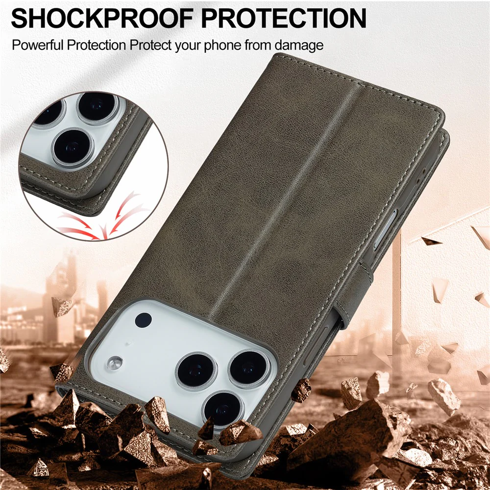 LC.IMEEKE For iPhone 17 Pro Max Case Calf Texture PU Leather Stand Wallet Phone Cover - Grey - Image 5