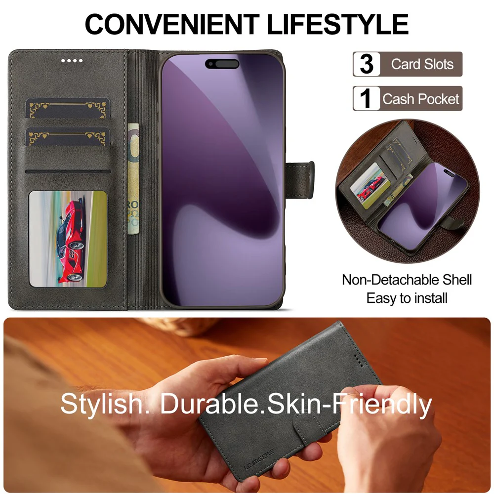 LC.IMEEKE For iPhone 17 Pro Max Case Calf Texture PU Leather Stand Wallet Phone Cover - Grey - Image 7