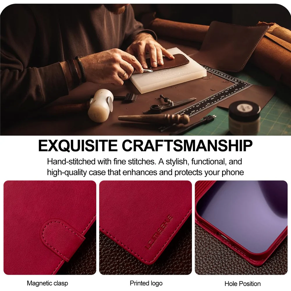 LC.IMEEKE For iPhone 17 Pro Max Case Calf Texture PU Leather Stand Wallet Phone Cover - Rose - Image 6
