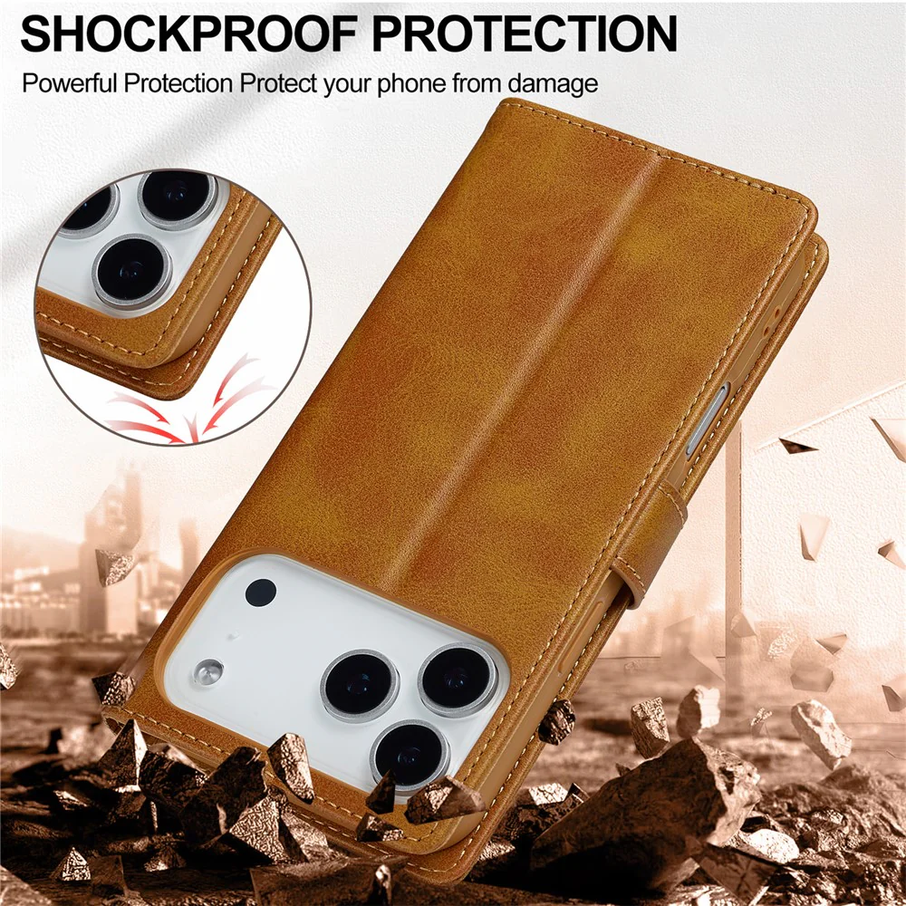 LC.IMEEKE For iPhone 17 Pro Max Case Calf Texture PU Leather Stand Wallet Phone Cover - Yellow - Image 5