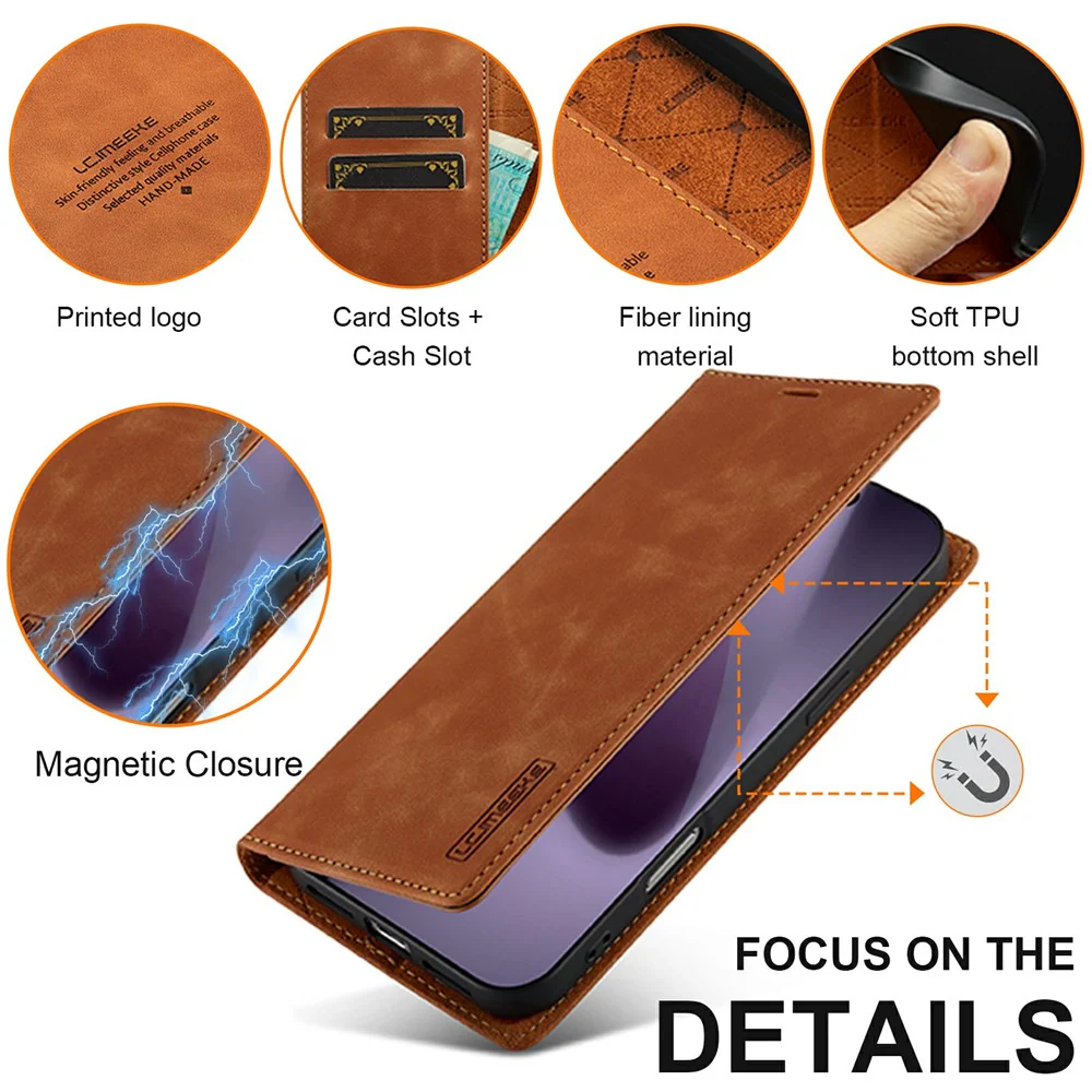 LC.IMEEKE For iPhone 17 Pro Max Case Wallet Microfiber Leather Phone Cover - Brown - Image 6