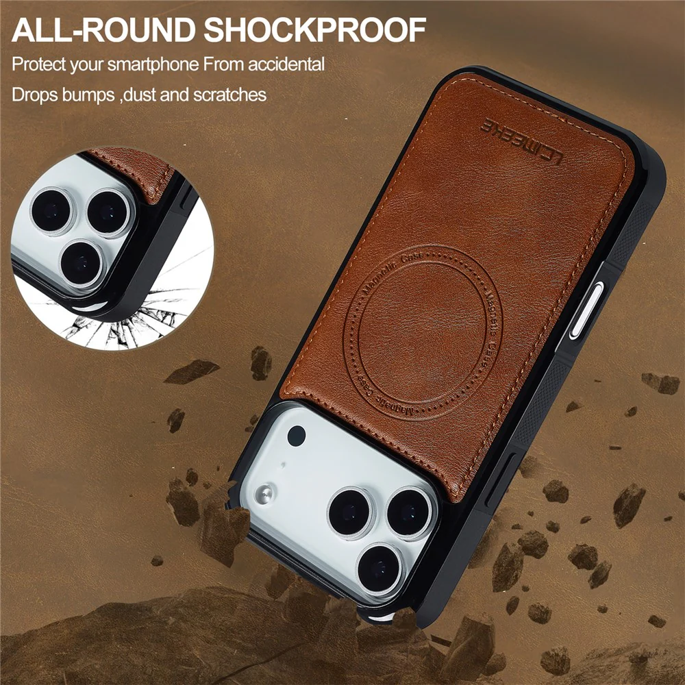 LC.IMEEKE For iPhone 17 Pro Max Magnetic Case Compatible with MagSafe Leather + TPU Back Cover - Brown - Image 2