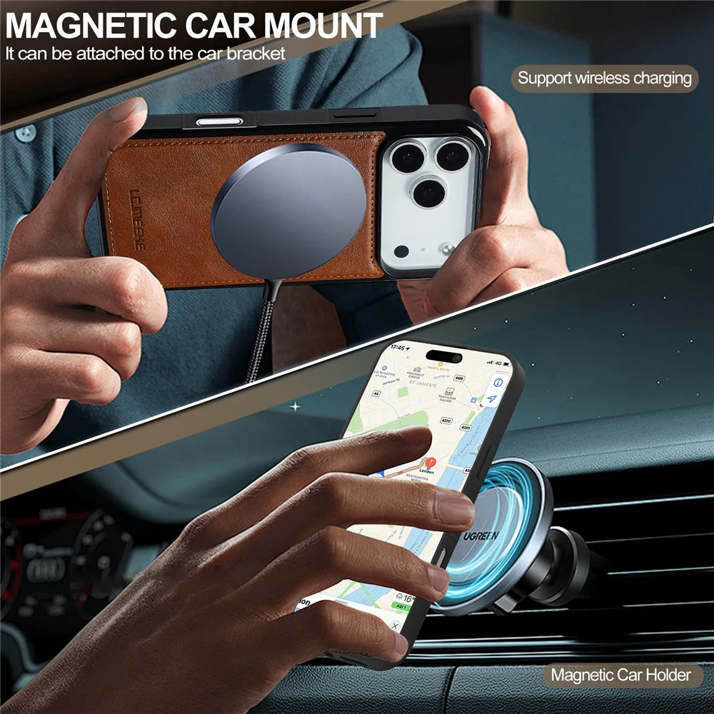 LC.IMEEKE For iPhone 17 Pro Max Magnetic Case Compatible with MagSafe Leather + TPU Back Cover - Brown - Image 3