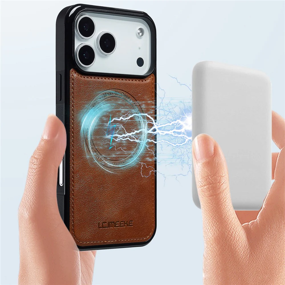 LC.IMEEKE For iPhone 17 Pro Max Magnetic Case Compatible with MagSafe Leather + TPU Back Cover - Brown - Image 4