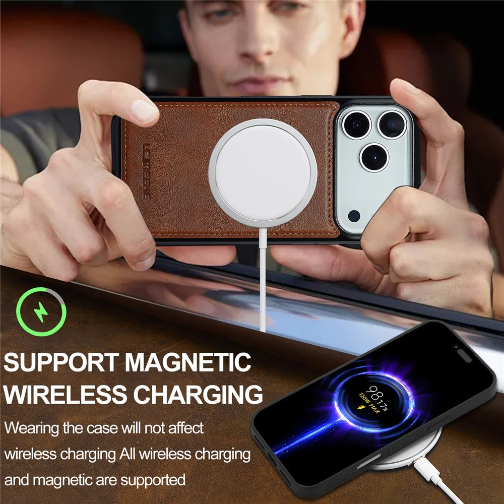 LC.IMEEKE For iPhone 17 Pro Max Magnetic Case Compatible with MagSafe Leather + TPU Back Cover - Brown - Image 6