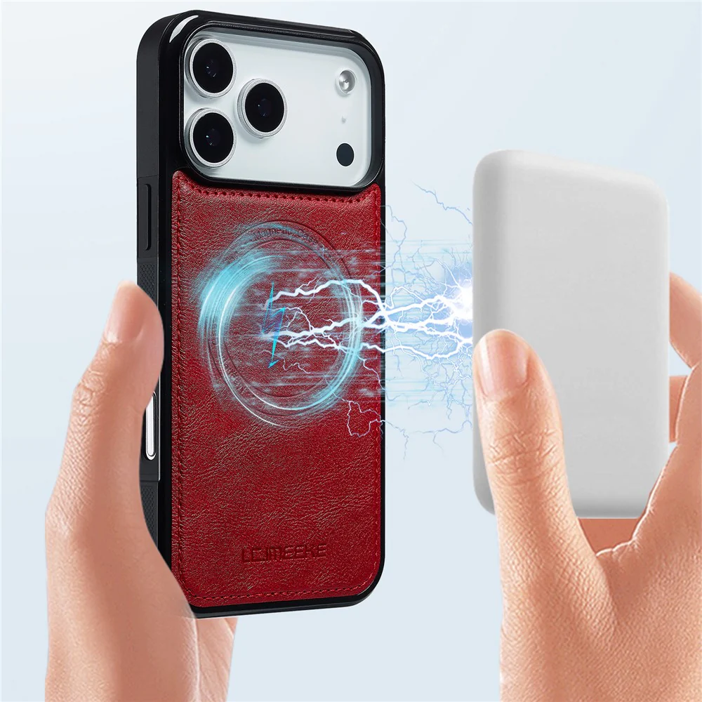 LC.IMEEKE For iPhone 17 Pro Max Magnetic Case Compatible with MagSafe Leather + TPU Back Cover - Red - Image 4