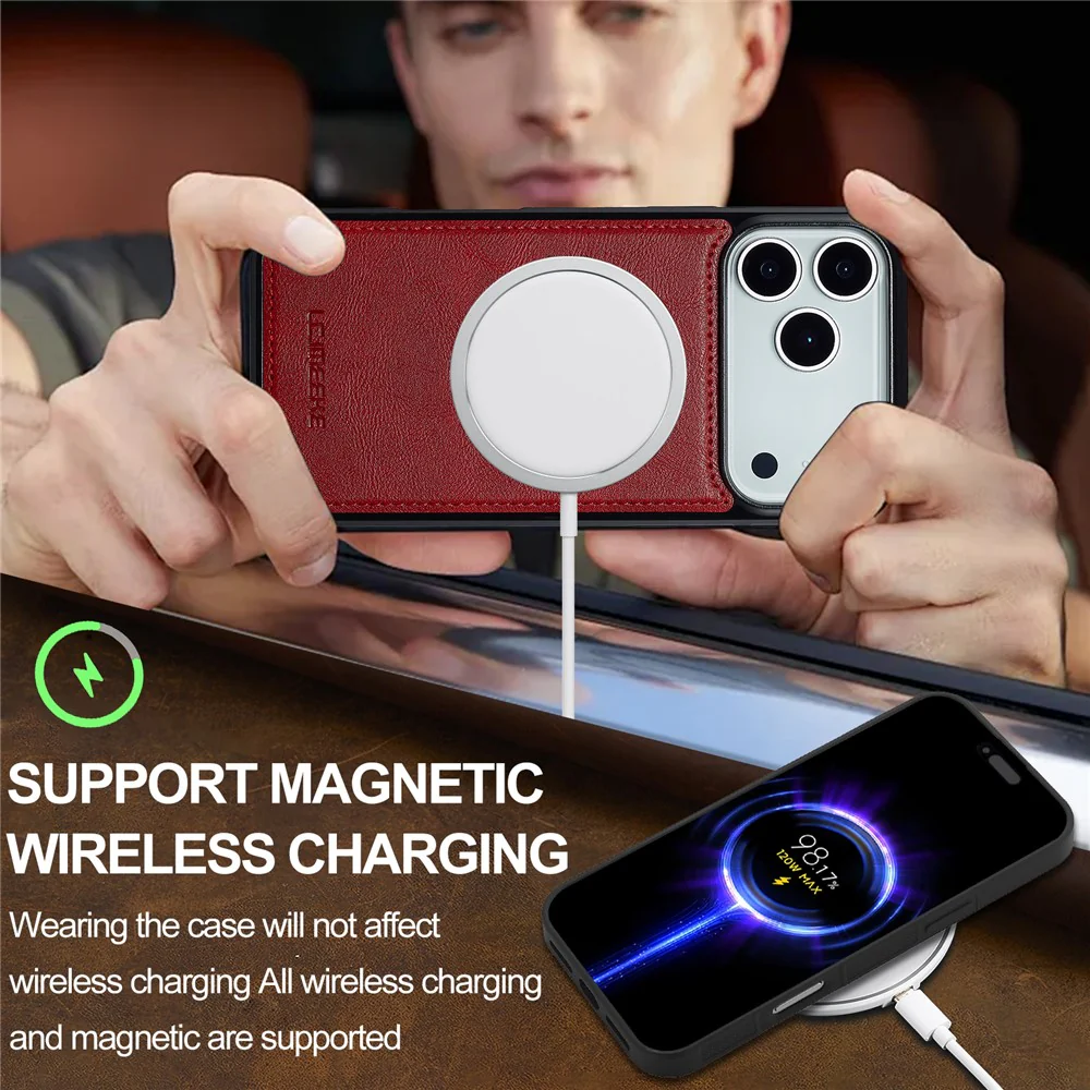 LC.IMEEKE For iPhone 17 Pro Max Magnetic Case Compatible with MagSafe Leather + TPU Back Cover - Red - Image 6