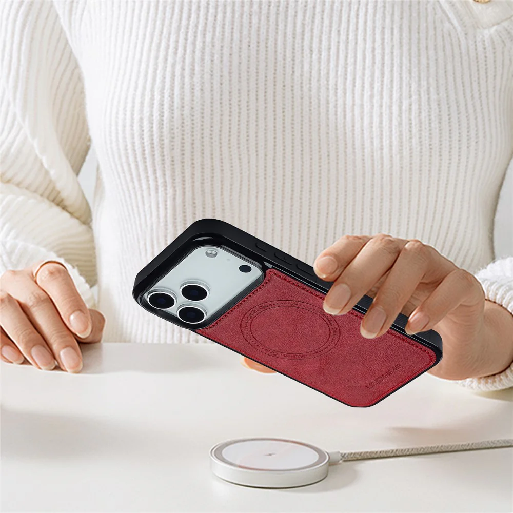 LC.IMEEKE For iPhone 17 Pro Max Magnetic Case Compatible with MagSafe Leather + TPU Back Cover - Red - Image 7