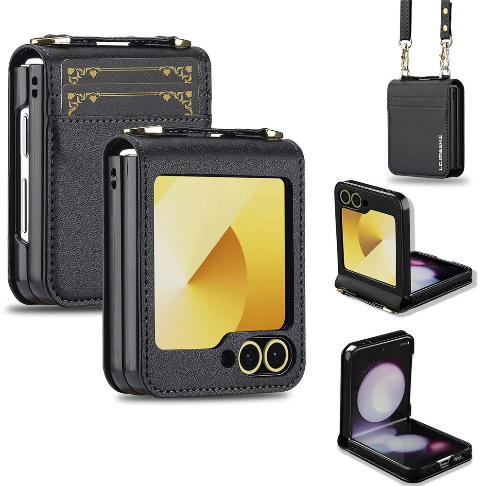 LC.IMEEKE for Samsung Galaxy Z Flip7 FE 5G / Z Flip6 5G Case Leather+PC Phone Cover with Straps Card Slots - Black