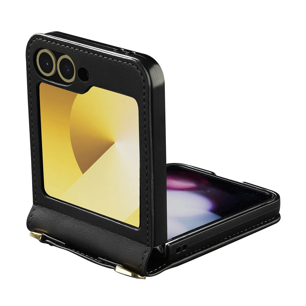 LC.IMEEKE for Samsung Galaxy Z Flip7 FE 5G / Z Flip6 5G Case Leather+PC Phone Cover with Straps Card Slots - Black - Image 3